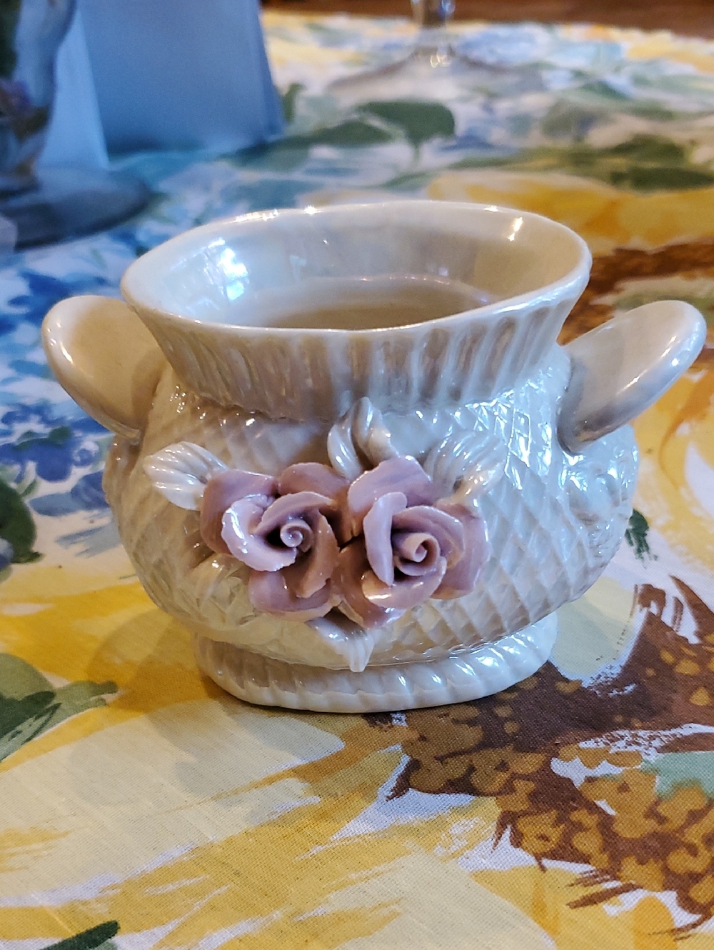 Cream Ceramic Decorative Vase with Pink Rose Appliqué